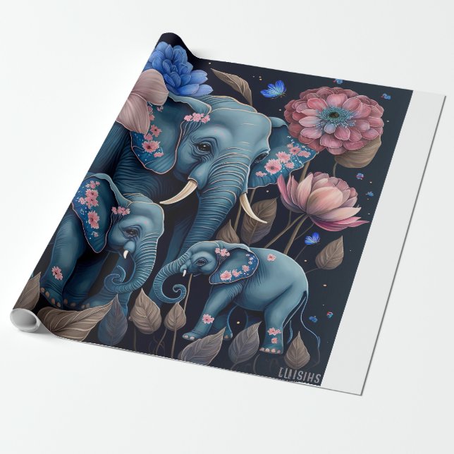 Blue Elephants and Pink Flowers Wrapping Paper (Unrolled)