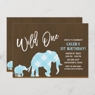 Blue Elephants Brown Modern WILD ONE 1ST Birthday Invitation