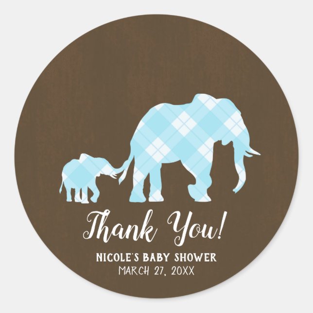 Blue Elephants Brown Trendy Modern Baby Shower Classic Round Sticker (Front)