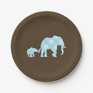 Blue Elephants Brown Trendy Modern Baby Shower Paper Plate