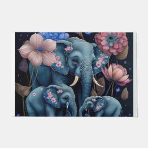 Blue Elephants with Pink Flower Design Doormat