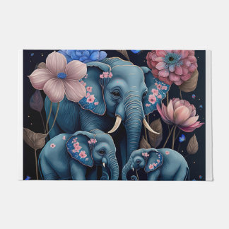 Blue Elephants with Pink Flower Design Doormat