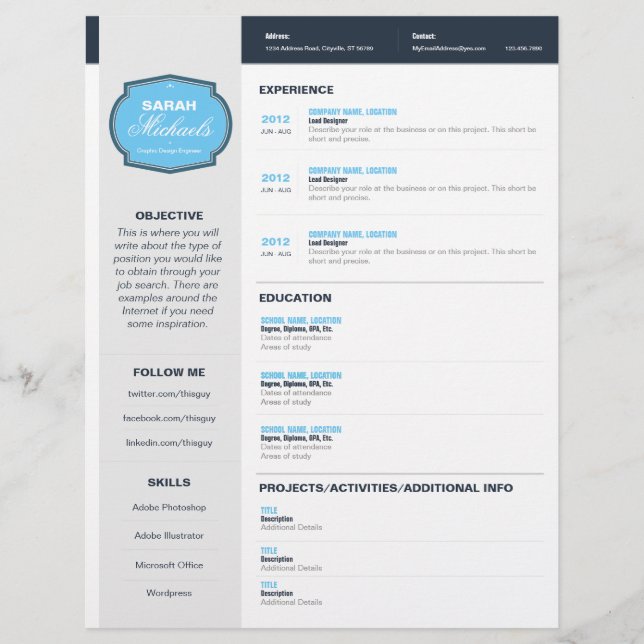 Blue Emblem Resume Letterhead Template (Front)