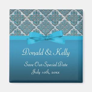 Blue Embossed Damask Wedding Shimmer Magnet