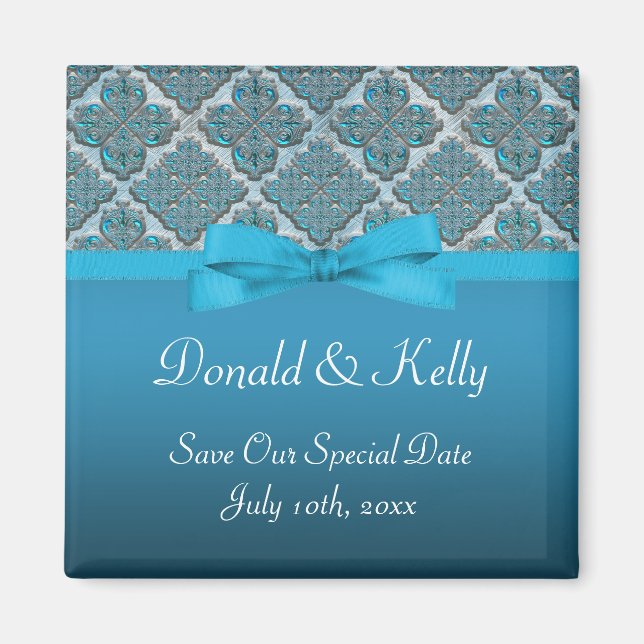 Blue Embossed Damask Wedding Shimmer Magnet (Front)