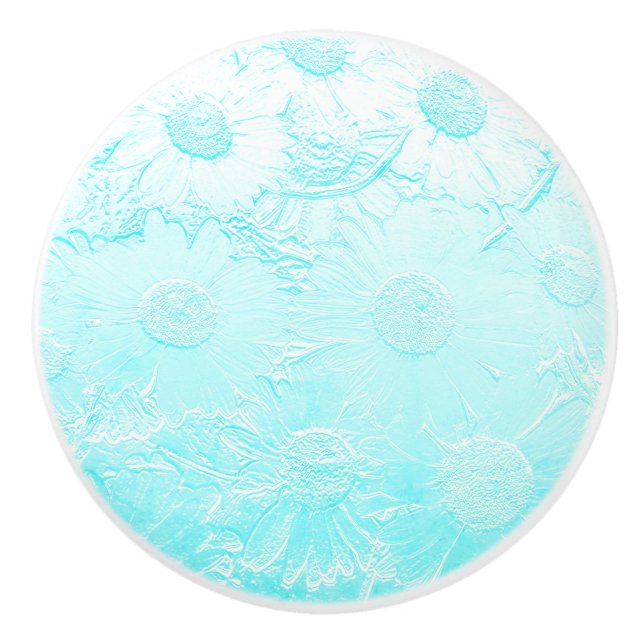 Blue embossed look daisy flower pattern blue white ceramic knob (Front)