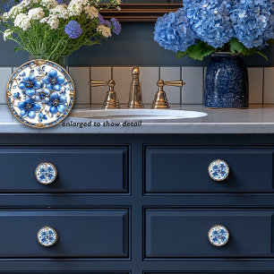 Blue Enamel Flowers Gold Vines & Sapphires Ceramic Knob