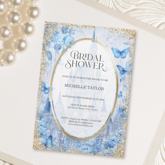 Blue Enchanted Forest Fairytale Castle Bridal Invitation (Enchanted Forest Fairytale Castle Floral Bridal Invitation)