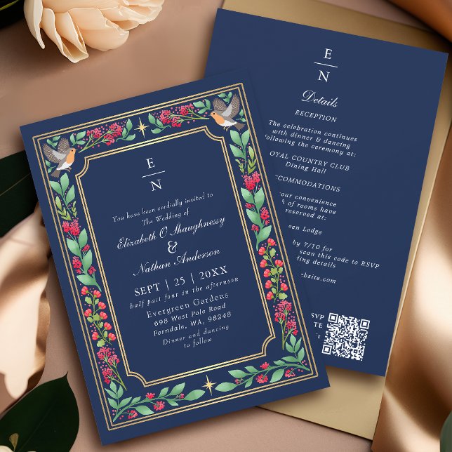 Blue Enchanting Botanical Floral Wedding QR Code Invitation (Creator Uploaded)