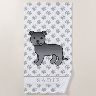 Blue English Staffie Cute Cartoon Dog & Name Beach Towel