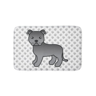 Blue English Staffie Cute Cartoon Dog & Paws Bath Mat