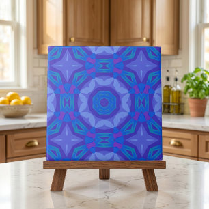 Blue Ethnic Boho Abstract Mosaic Geometric Pattern Ceramic Tile