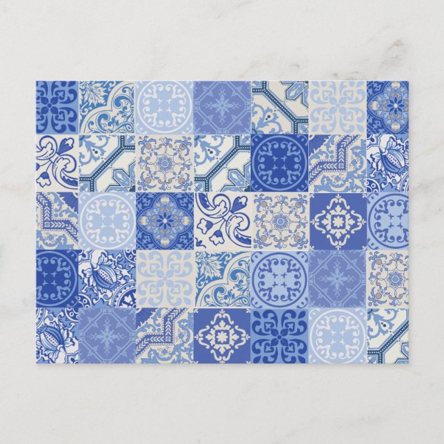 Blue Ethnic Boho Mediterranean Tiles Postcard (Front)