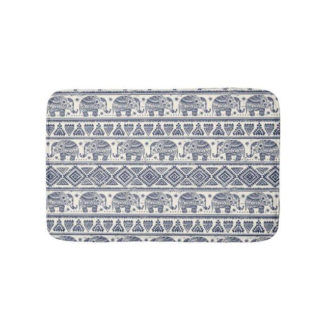 Blue Ethnic Elephant Pattern Bath Mat (Front)