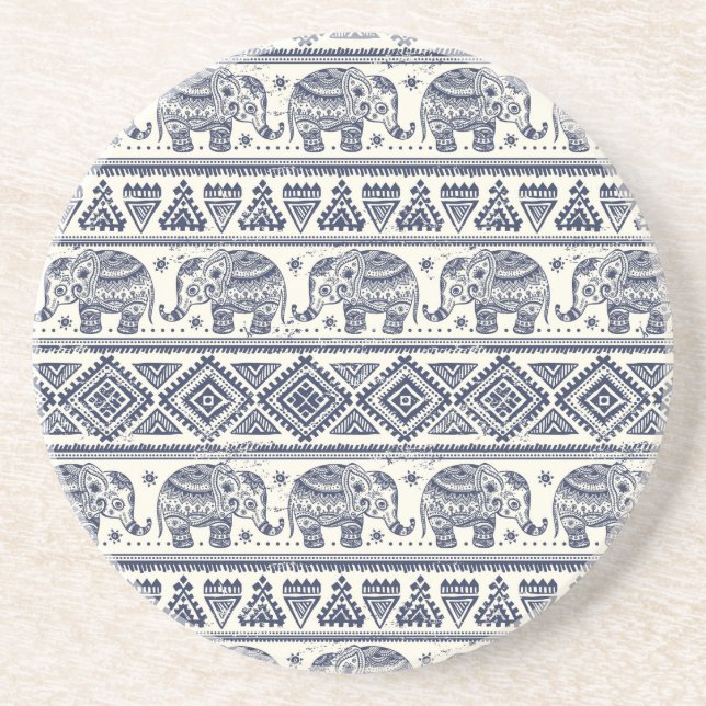 Blue Ethnic Elephant Pattern Coaster (Front)