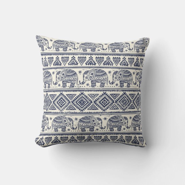 Blue Ethnic Elephant Pattern Cushion (Front)