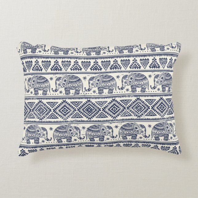 Blue Ethnic Elephant Pattern Decorative Cushion (Front)