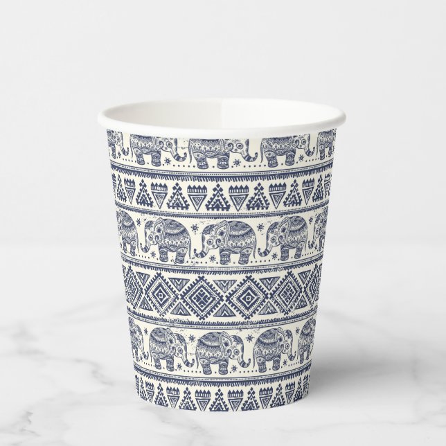 Blue Ethnic Elephant Pattern Paper Cups (Left)
