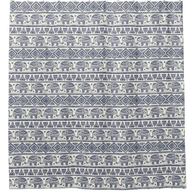 Blue Ethnic Elephant Pattern Shower Curtain (Front)