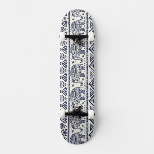 Blue Ethnic Elephant Pattern Skateboard (Front)