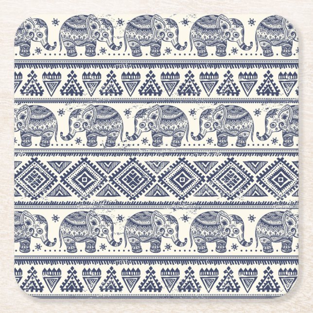 Blue Ethnic Elephant Pattern Square Paper Coaster (Front)