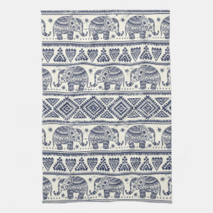 Blue Ethnic Elephant Pattern Tea Towel