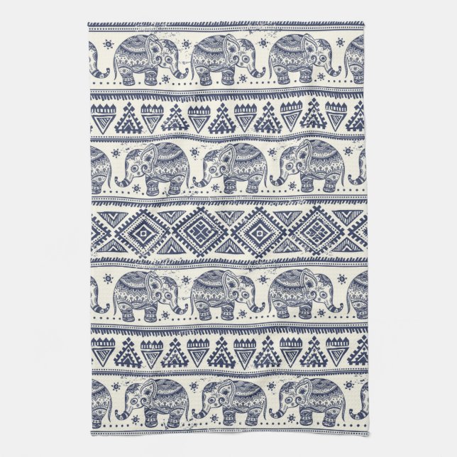 Blue Ethnic Elephant Pattern Tea Towel (Vertical)