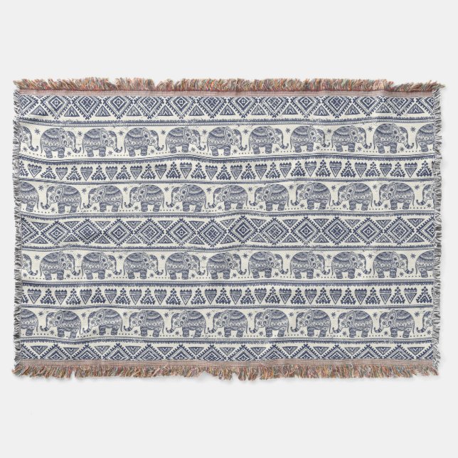 Blue Ethnic Elephant Pattern Throw Blanket (Front)