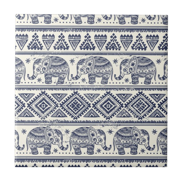 Blue Ethnic Elephant Pattern Tile (Front)