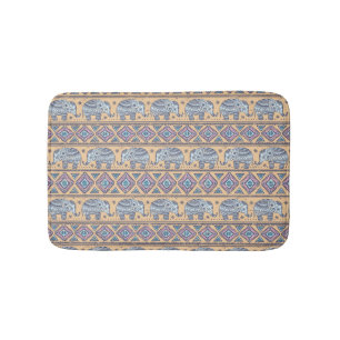 Blue Ethnic Elephant Tribal Pattern Bath Mat