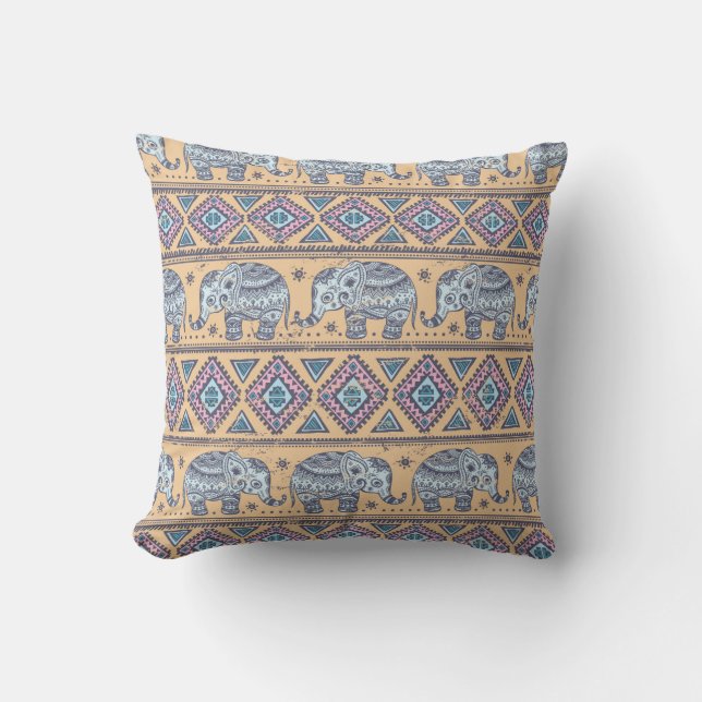 Blue Ethnic Elephant Tribal Pattern Cushion (Front)