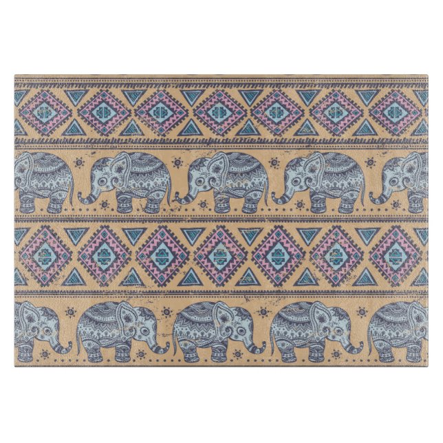 Blue Ethnic Elephant Tribal Pattern Cutting Board (Front)