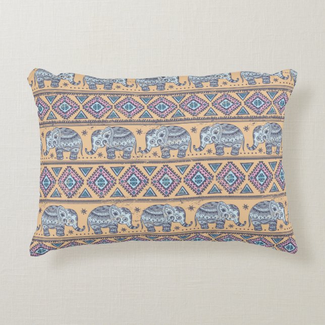 Blue Ethnic Elephant Tribal Pattern Decorative Cushion (Front)
