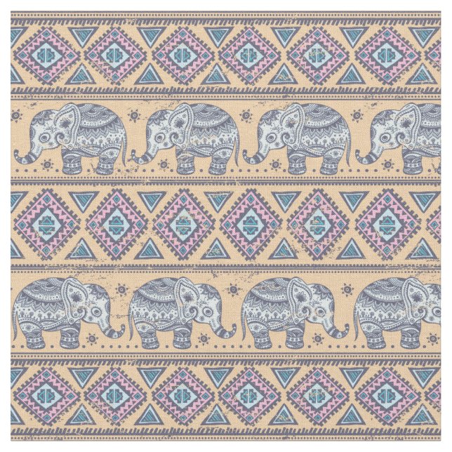 Blue Ethnic Elephant Tribal Pattern Fabric (Close Up)