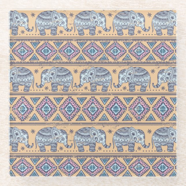 Blue Ethnic Elephant Tribal Pattern Glass Coaster (Front)
