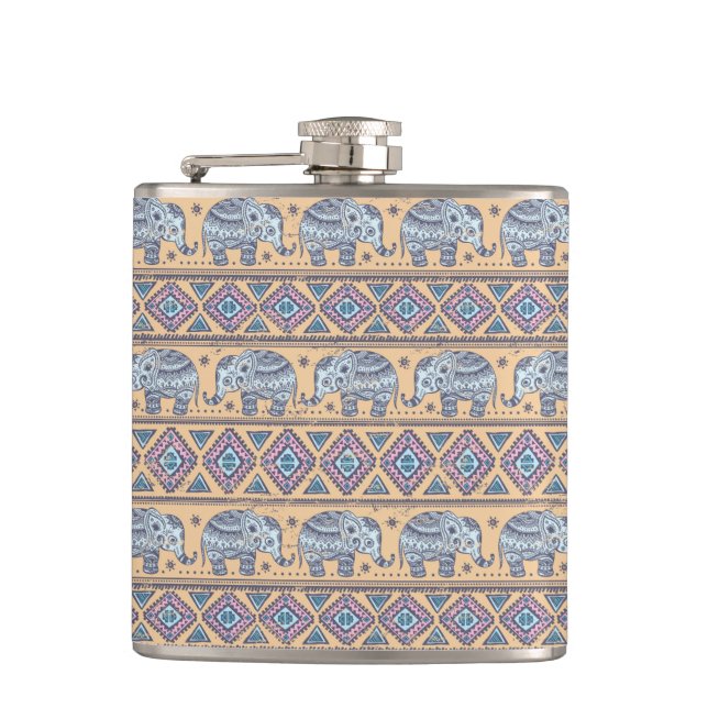 Blue Ethnic Elephant Tribal Pattern Hip Flask (Front)