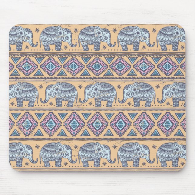 Blue Ethnic Elephant Tribal Pattern Mouse Pad (Front)