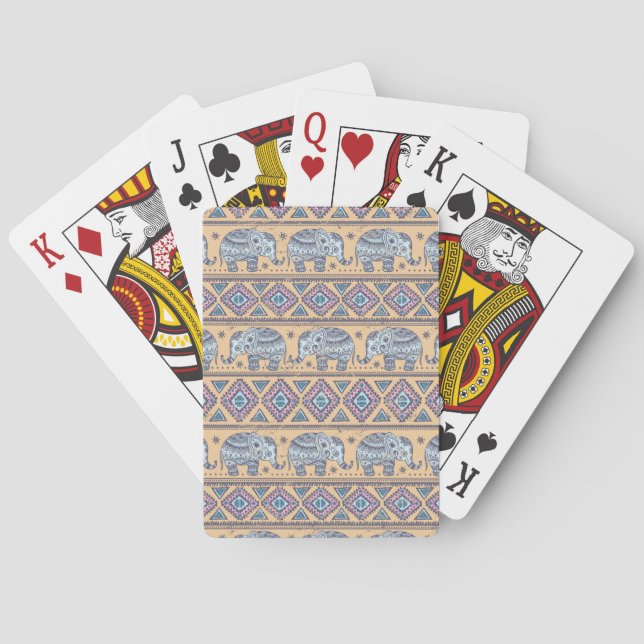 Blue Ethnic Elephant Tribal Pattern Playing Cards (Back)