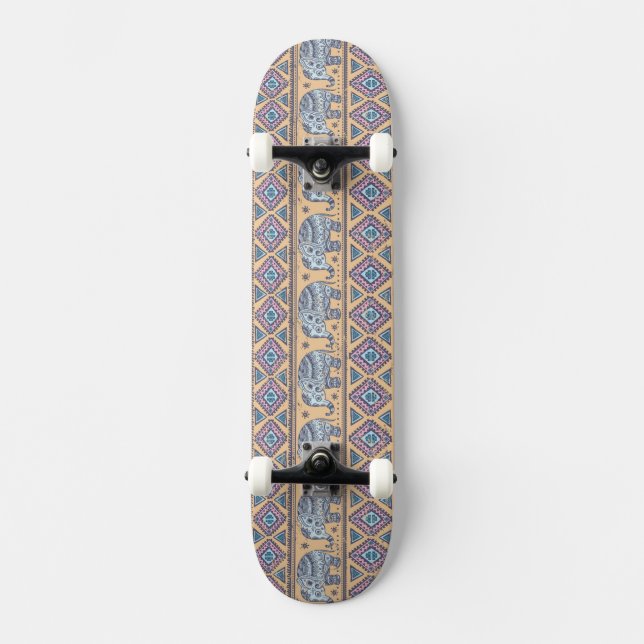 Blue Ethnic Elephant Tribal Pattern Skateboard (Front)
