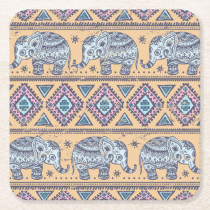Blue Ethnic Elephant Tribal Pattern Square Paper Coaster