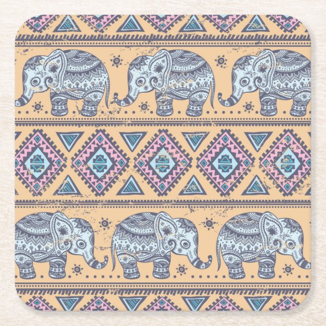 Blue Ethnic Elephant Tribal Pattern Square Paper Coaster (Front)