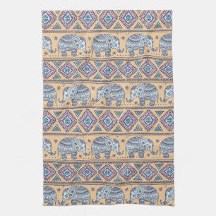 Blue Ethnic Elephant Tribal Pattern Tea Towel