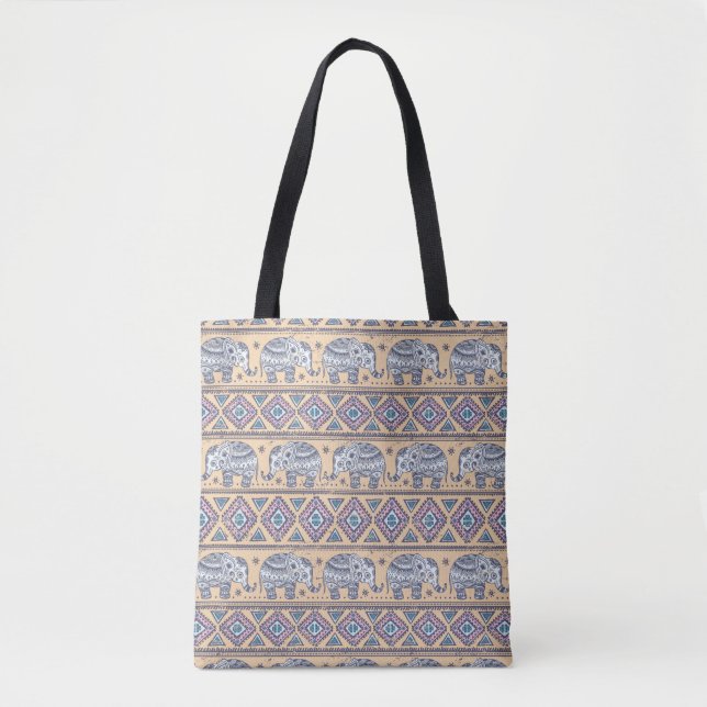 Blue Ethnic Elephant Tribal Pattern Tote Bag (Front)