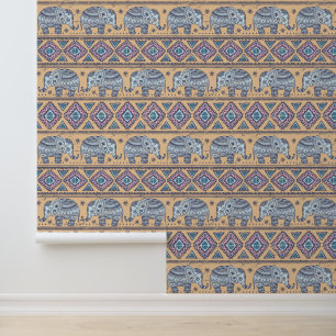 Blue Ethnic Elephant Tribal Pattern Wallpaper