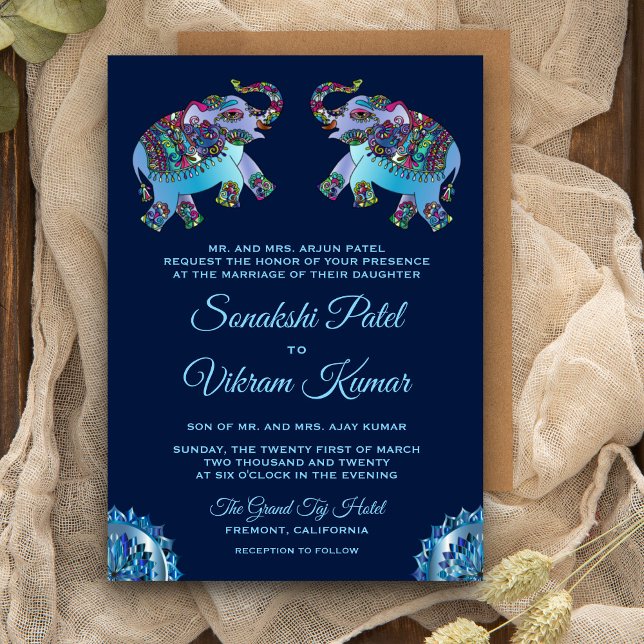 Blue Ethnic Elephants Indian Wedding Invitation (Creator Uploaded)