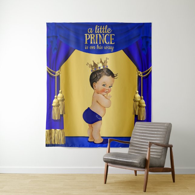 Blue Ethnic Prince Baby Shower Backdrop Tapestry (In Situ)