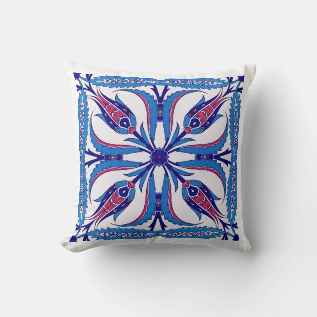Blue ethnic Turkish design with four Tulips Cushion (Front)