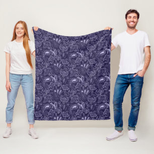 Blue ethnic vintage paisley floral pattern fleece blanket