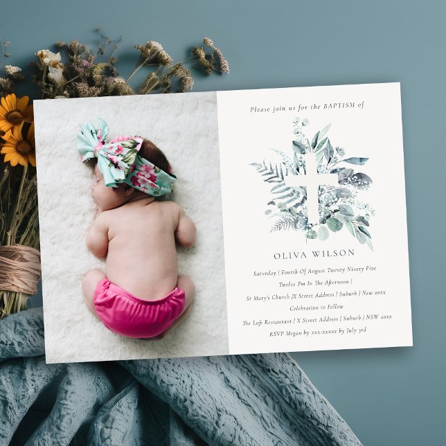 Blue Eucalyptus Fauna Cross Photo Baptism Invite (Creator Uploaded)