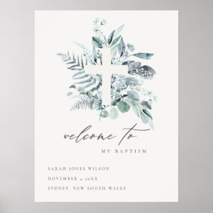 Blue Eucalyptus Fern Fauna Cross Baptism Welcome Poster